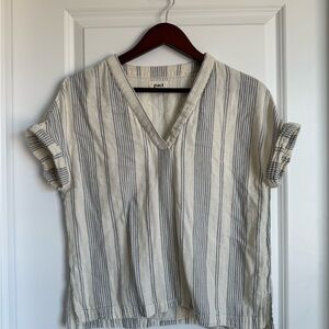 Pact Cream and Blue Striped V-Neck Top